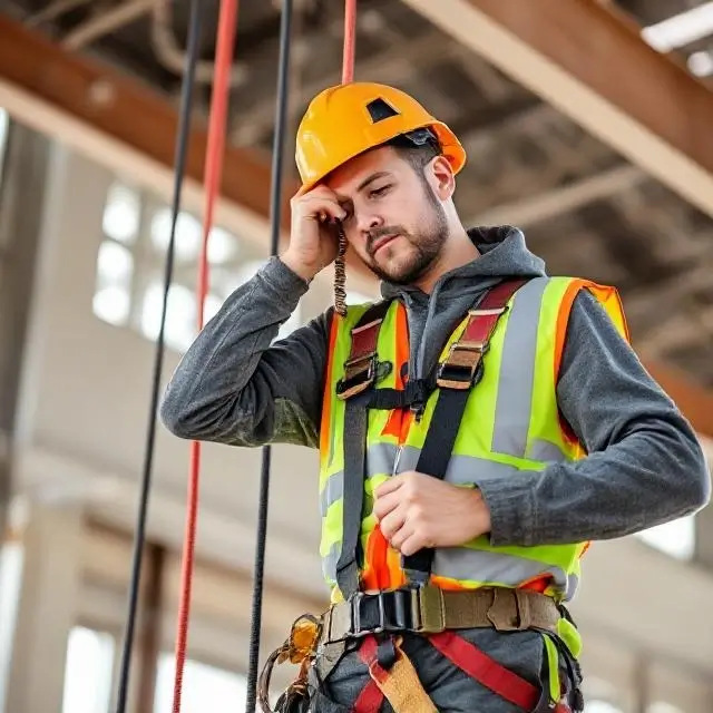 Worker securing a harness before working at height