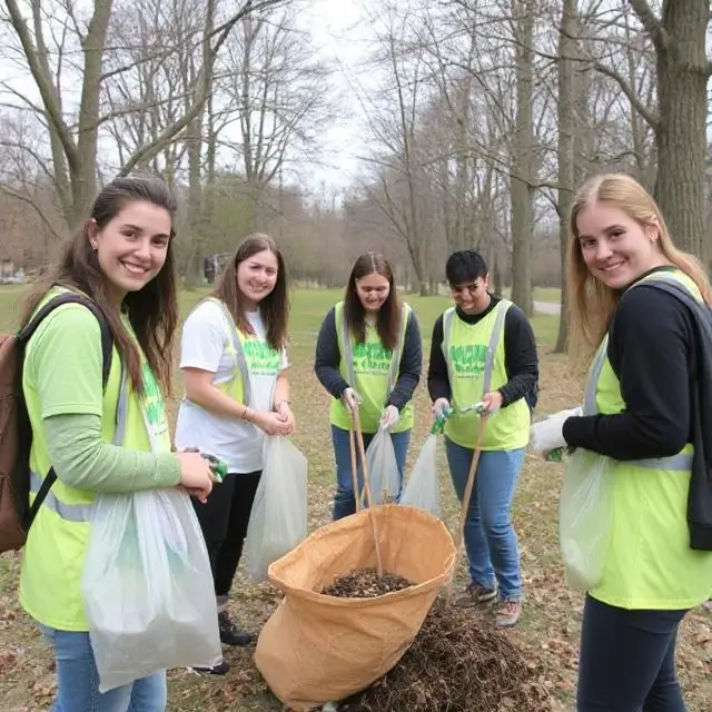 Team members volunteering at a local park clean-up