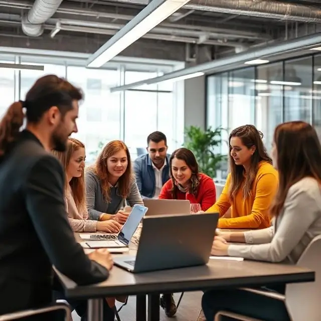 A diverse group of team members collaborating in a modern office