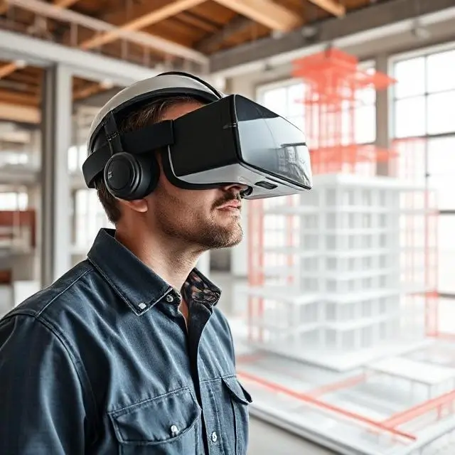 Engineer using a VR headset to view a building model
