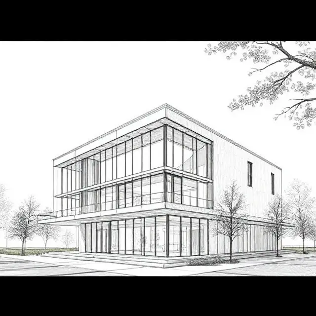 Architectural sketch overlaying a completed modern building