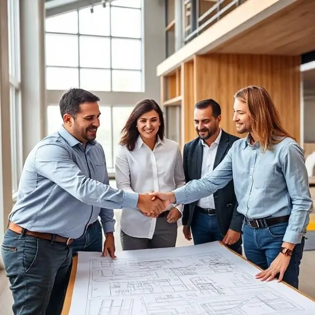 Client and ConstructX team members shaking hands over architectural plans