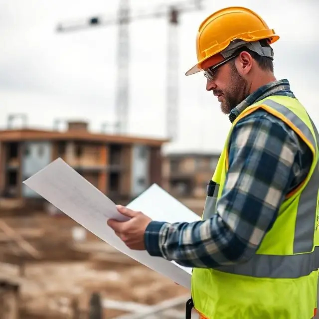 Construction worker in full safety gear reviewing plans