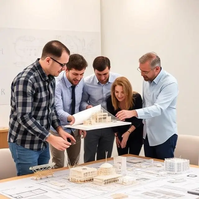 Team of engineers and architects collaborating around a table with models and plans