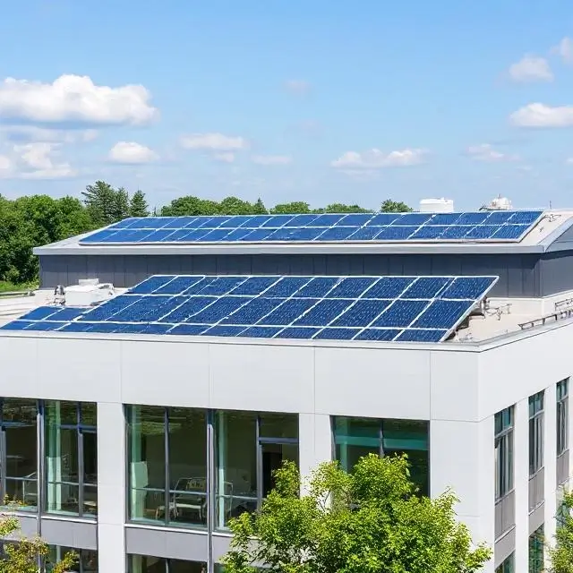 Solar panels on the roof of a modern commercial building