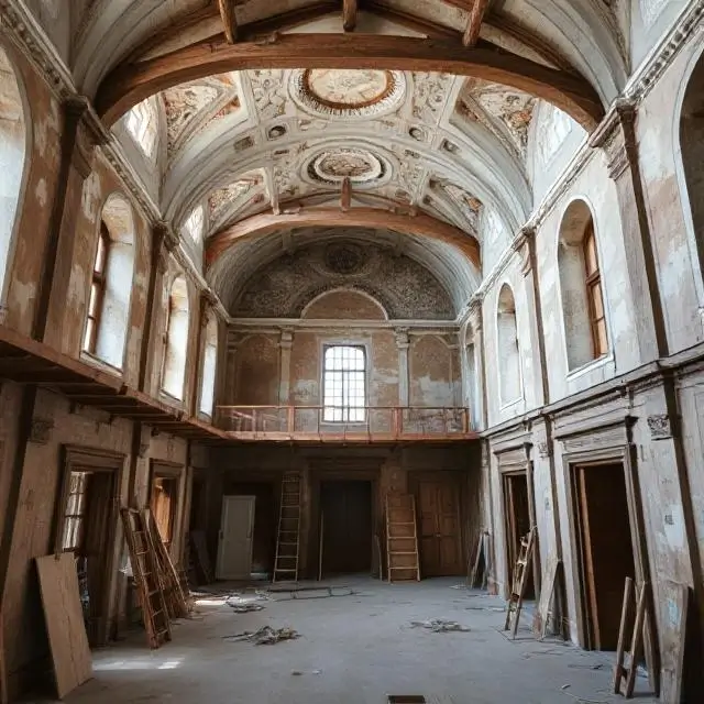 Interior of a historic building being carefully restored