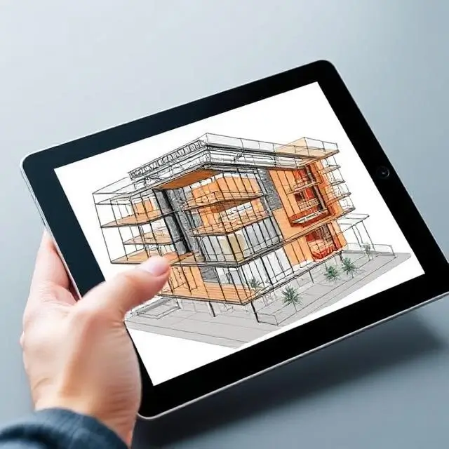 Tablet showing a 3D BIM model of a building