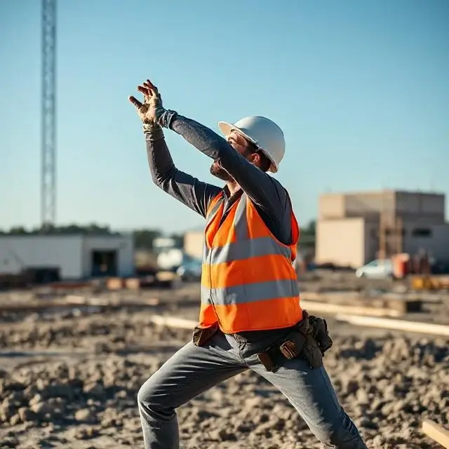 A construction worker stretching during a break